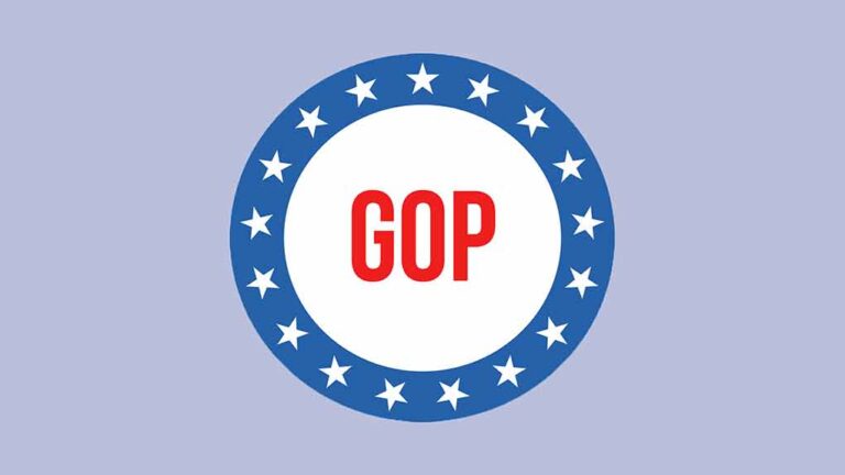 Circular GOP logo with stars on blue border.
