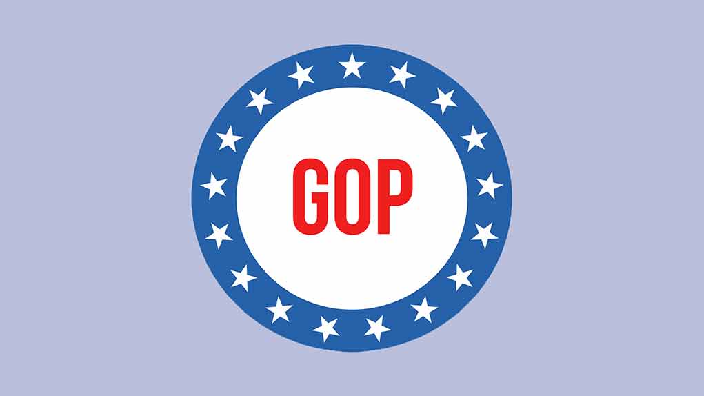Circular GOP logo with stars on blue border.