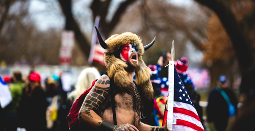 Protester in fur hat with horns carrying American flag.