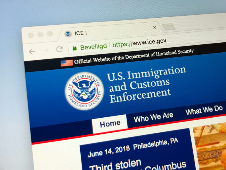 US Immigration and Customs Enforcement website homepage displayed