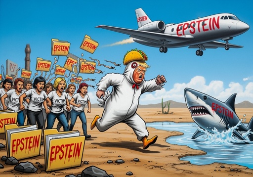 A cartoon depicting a man in a chicken suit running from a shark while protesters hold signs