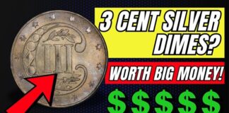 Close-up of a three cent silver coin with an arrow pointing to it and text about its value