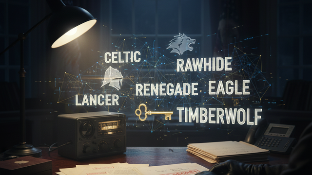 A desk with a vintage radio and illuminated code names related to presidential security