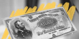 1890 $1,000 Treasury Note displayed with a yellow background