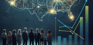 A diverse group of people standing in front of a map and a graph illustrating demographic changes in America