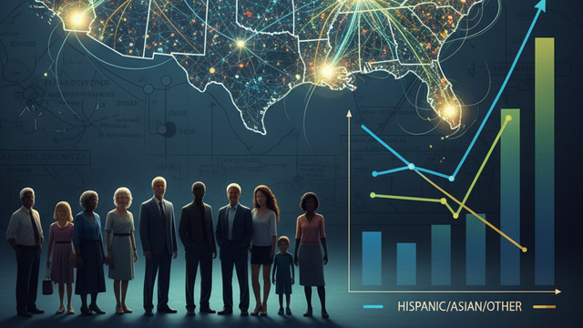 A diverse group of people standing in front of a map and a graph illustrating demographic changes in America