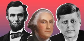 Collage of portraits of U.S. Presidents Abraham Lincoln, George Washington, and John F. Kennedy