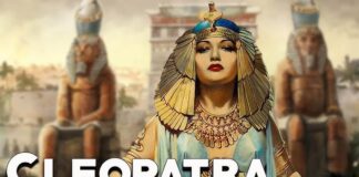 Artistic depiction of Cleopatra with Egyptian statues in the background