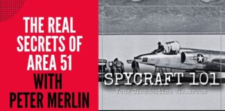 Promotional image for a documentary about Area 51 featuring a military aircraft and text about spycraft.
