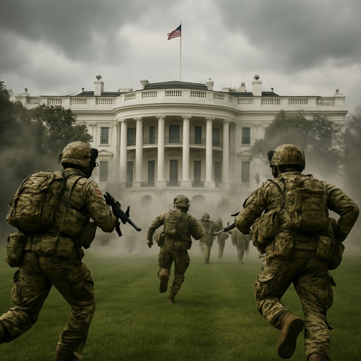 Soldiers advancing towards the White House during a military operation