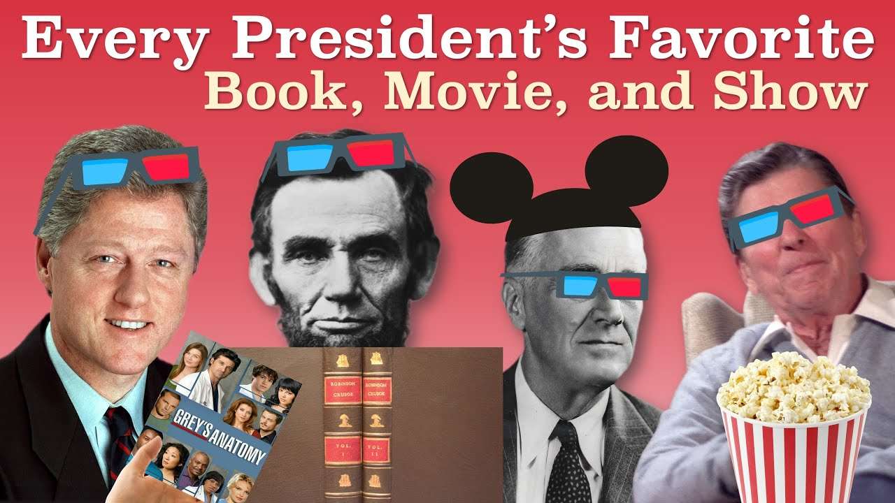 Collage of U.S. Presidents with 3D glasses, showcasing their favorite books, movies, and shows.